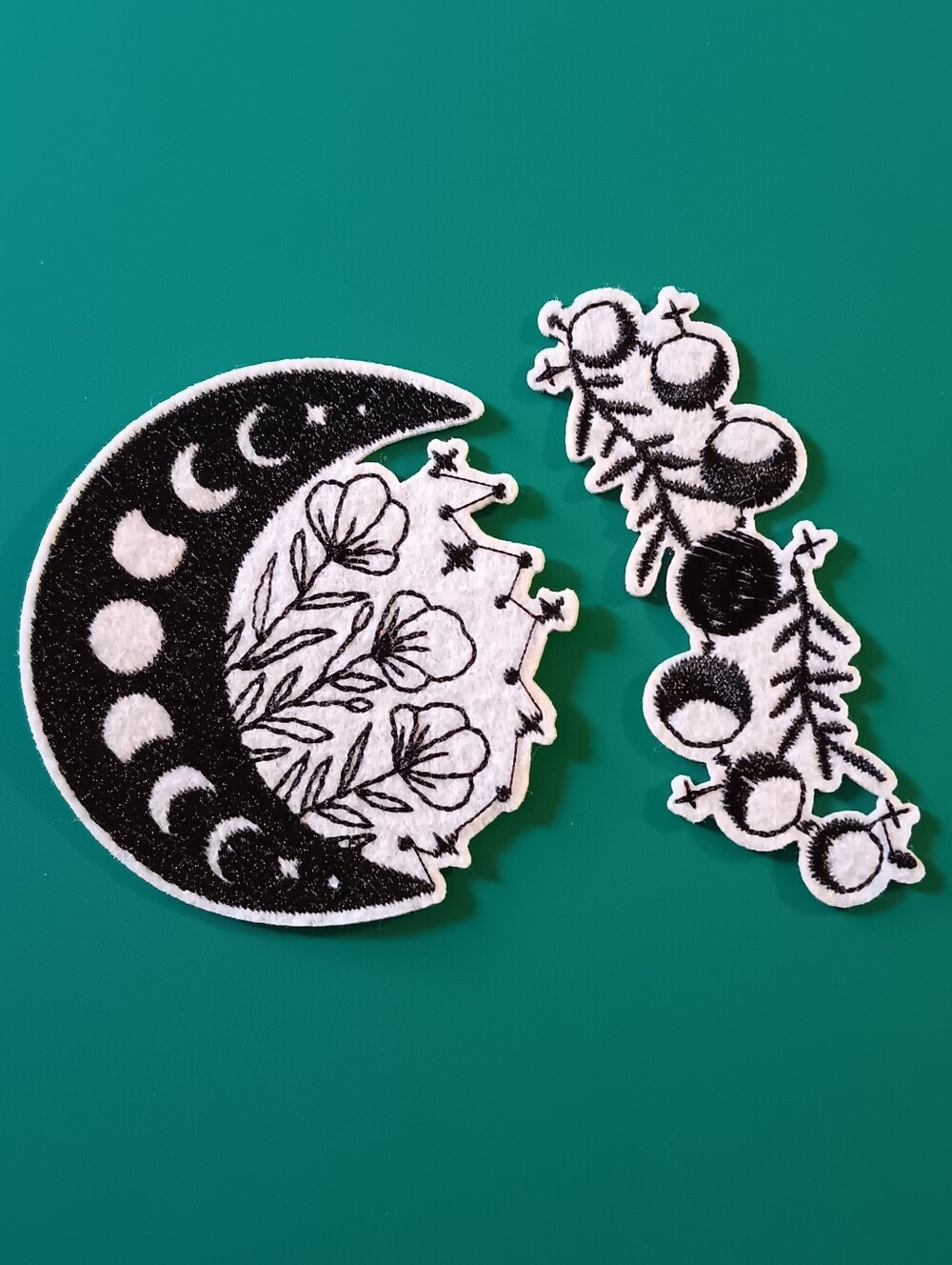 Black & White Moon Phase Floral Embroidered Iron On Patches, Witchy Boho